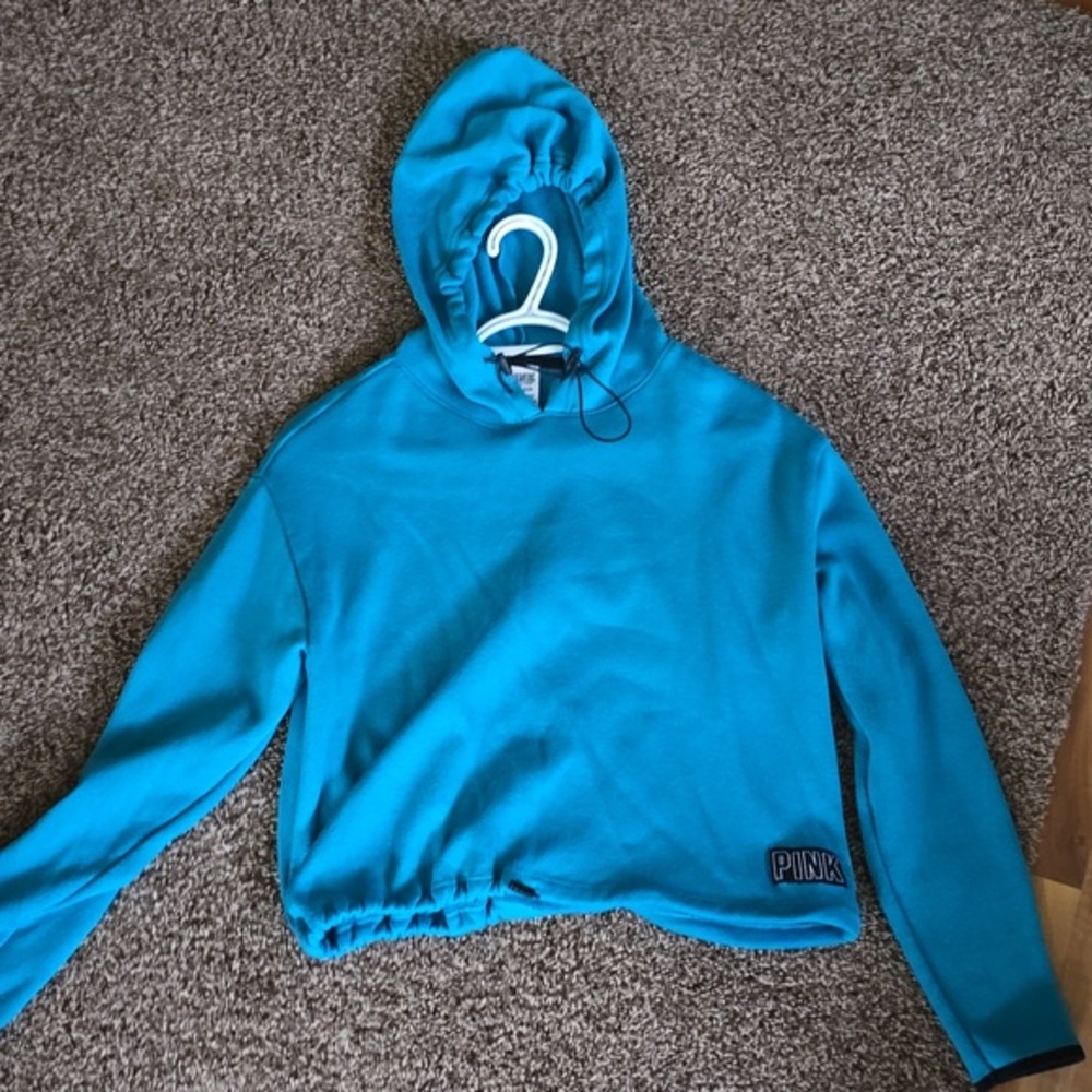VS PINK || Electric Blue Cropped Hoodie with Adjustable Cinch (S)